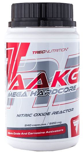 White plastic container with a black lid, labeled "Trec Nutrition AAKG Mega Hardcore," featuring bold red and grey graphics, containing 240 capsules of nitric oxide reactor.
