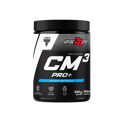 Black container with a sleek design, featuring a bold white "CM3 Pro+" label, "Limited Edition" text, and a blue stripe, holding 360 capsules of tri-creatine malate supplement.
