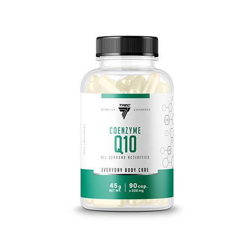 Clear plastic bottle with a black lid, containing 90 white capsules labeled "Coenzyme Q10" in green and white, featuring a molecular graphic and "Everyday Body Care" text.