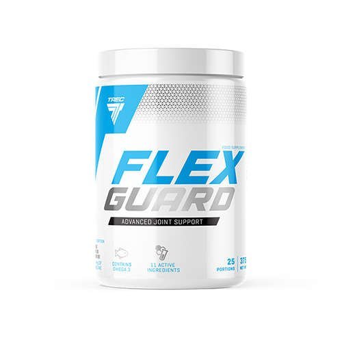 White cylindrical container with a blue and silver label, featuring "FLEX GUARD" in bold letters, indicating advanced joint support with 375 grams and 25 portions, flavor: Wildberry.