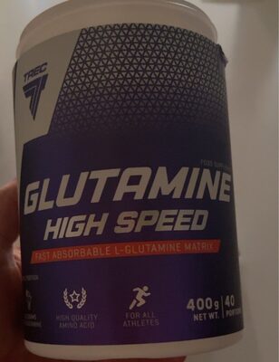 White container with a blue and purple label, featuring "GLUTAMINE HIGH SPEED" in bold letters, and details about the product, including "400g" and "fast absorbable L-glutamine matrix."