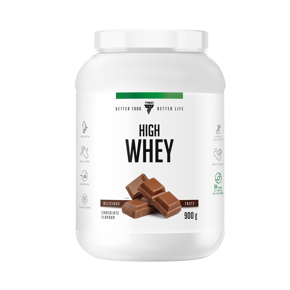 White plastic jar with a green and black label, labeled "HIGH WHEY" in bold, featuring chocolate pieces and indicating a weight of 900g with a chocolate flavor.