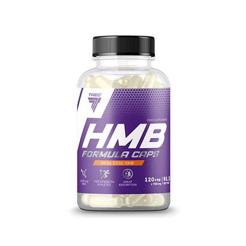 Clear plastic bottle containing 120 white capsules, labeled with a purple and white design featuring "HMB Formula Caps" and "Mega Dose HMB" prominently displayed.