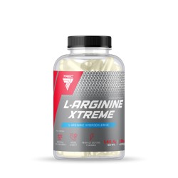 Clear plastic bottle containing 120 white capsules of Trec L-Arginine Xtreme, featuring a silver and red label with nutritional information and the Trec logo.