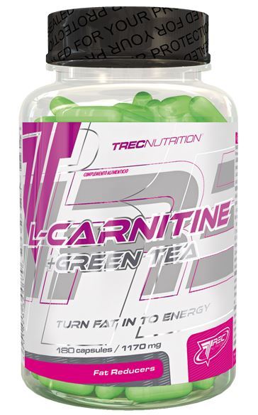 Clear plastic bottle containing green capsules, labeled "L-Carnitine + Green Tea" in bold pink and white text, with a capacity of 180 capsules and a black screw-on lid.