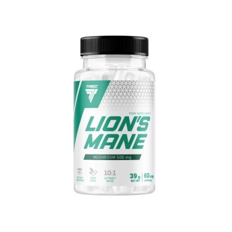 Clear plastic bottle with a black lid, containing 60 white capsules labeled "LION'S MANE" in bold green text, featuring a green and white design by Trec Nutrition.