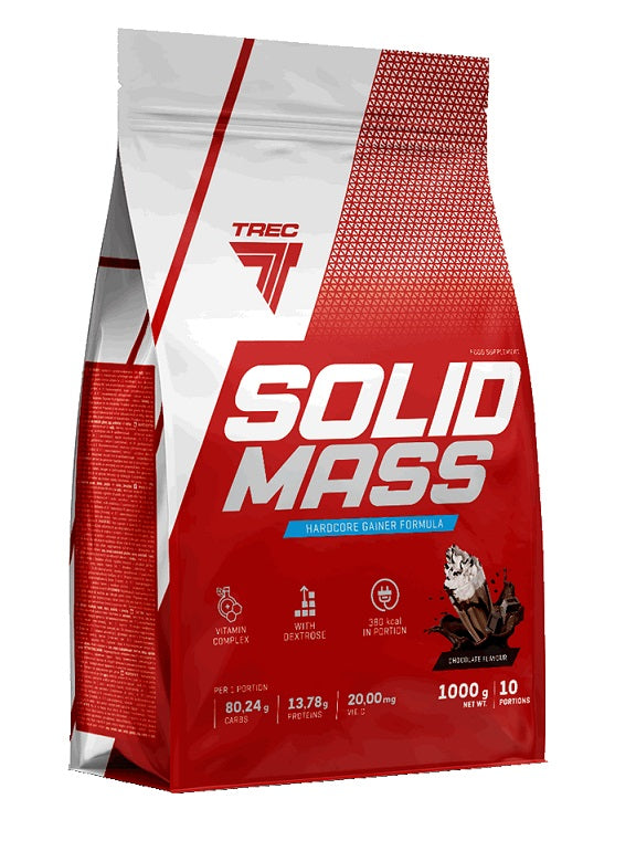Trec Nutrition Solid Mass in a red and white bag, featuring bold text, nutritional information, and a chocolate illustration, weighs 1000 grams and is designed for muscle gain.