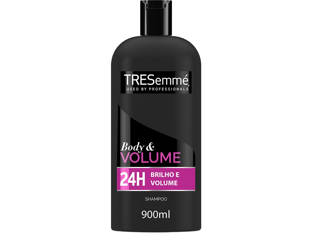 Black plastic bottle of TRESemmé shampoo, labeled "Body & Volume," featuring a pink accent and 900ml capacity, designed for 24-hour shine and volume.