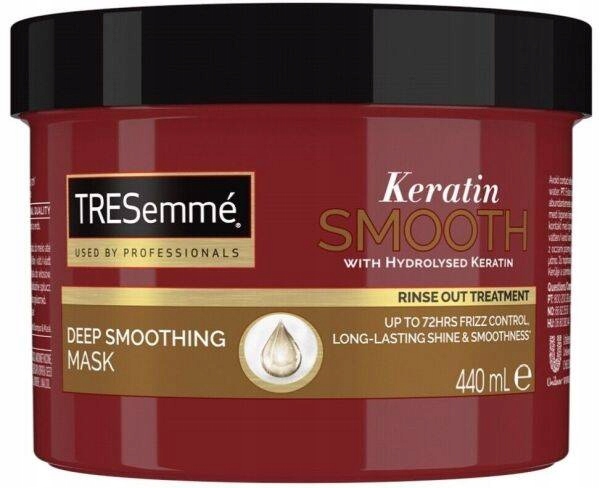 Red container of TRESemmé Keratin Smooth Deep Smoothing Mask, featuring hydrolysed keratin, 440ml, with a sleek design and professional branding.