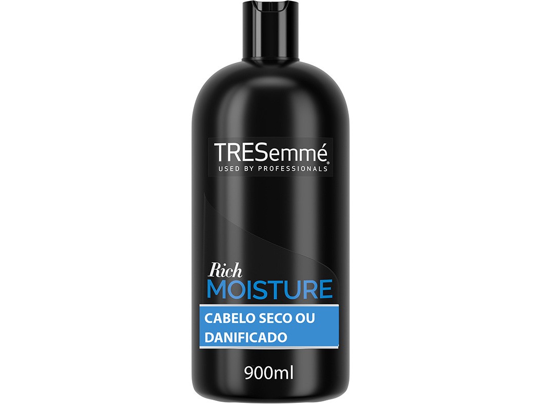 Black plastic bottle of TRESemmé Rich Moisture shampoo, 900ml, featuring a blue label with "Hidratação Intensa" and "Cabelo Seco ou Danificado" in white text.