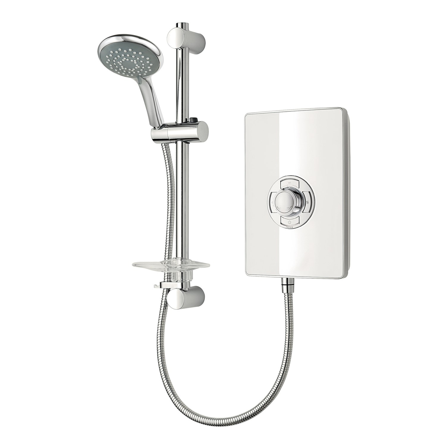 Gloss white electric shower with a sleek rectangular control panel, chrome showerhead, adjustable riser rail, and a flexible hose, designed for modern bathrooms.