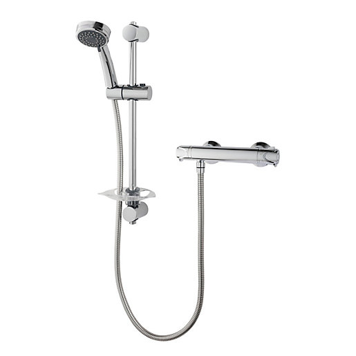 Chrome-finished Triton Dene Eco Bar Mixer Shower features a handheld showerhead, adjustable height, and a sleek design with a modern aesthetic.