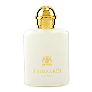 Elegant white glass bottle with a gold cap, featuring the Trussardi logo and "Donna" in gold lettering, containing 30ml of Eau De Parfum.