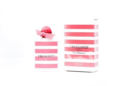 Trussardi Woman Pink Marina EDT in a striped pink and white box, featuring a pink bow and a round pink cap on the bottle, exuding a fresh and feminine vibe.
