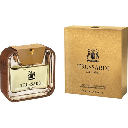 Trussardi My Land Eau De Toilette 50ml spray features a square glass bottle with a gold cap and a brown leather accent, accompanied by a gold and cream box with the brand name prominently displayed.
