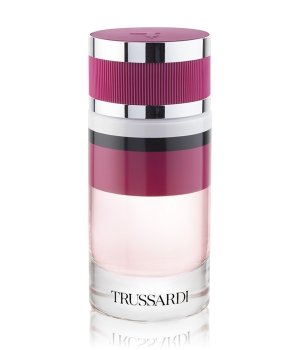 Trussardi Ruby Red EDP bottle features a sleek design with a clear glass base, a pink gradient middle section, and a shiny silver and pink cap, labeled with "TRUSSARDI."