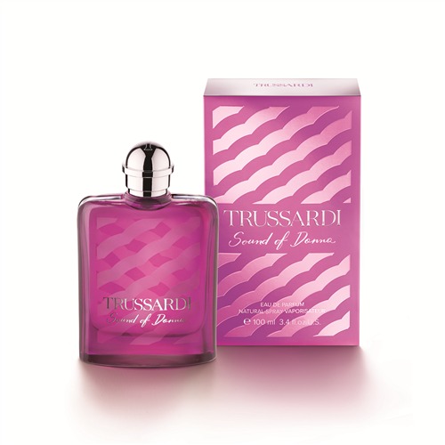 Trussardi Sound of Donna Eau De Parfum features a sleek, purple glass bottle with a silver cap, accompanied by a matching pink box adorned with wavy patterns.