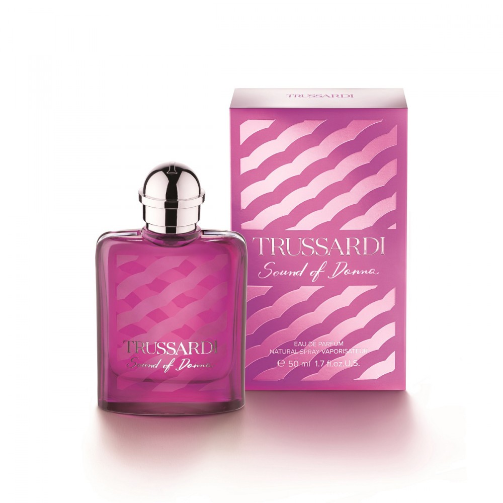 Trussardi Sound of Donna Eau De Parfum 50ml features a sleek glass bottle with a pink hue, topped with a silver cap, alongside a matching pink box with wave patterns.