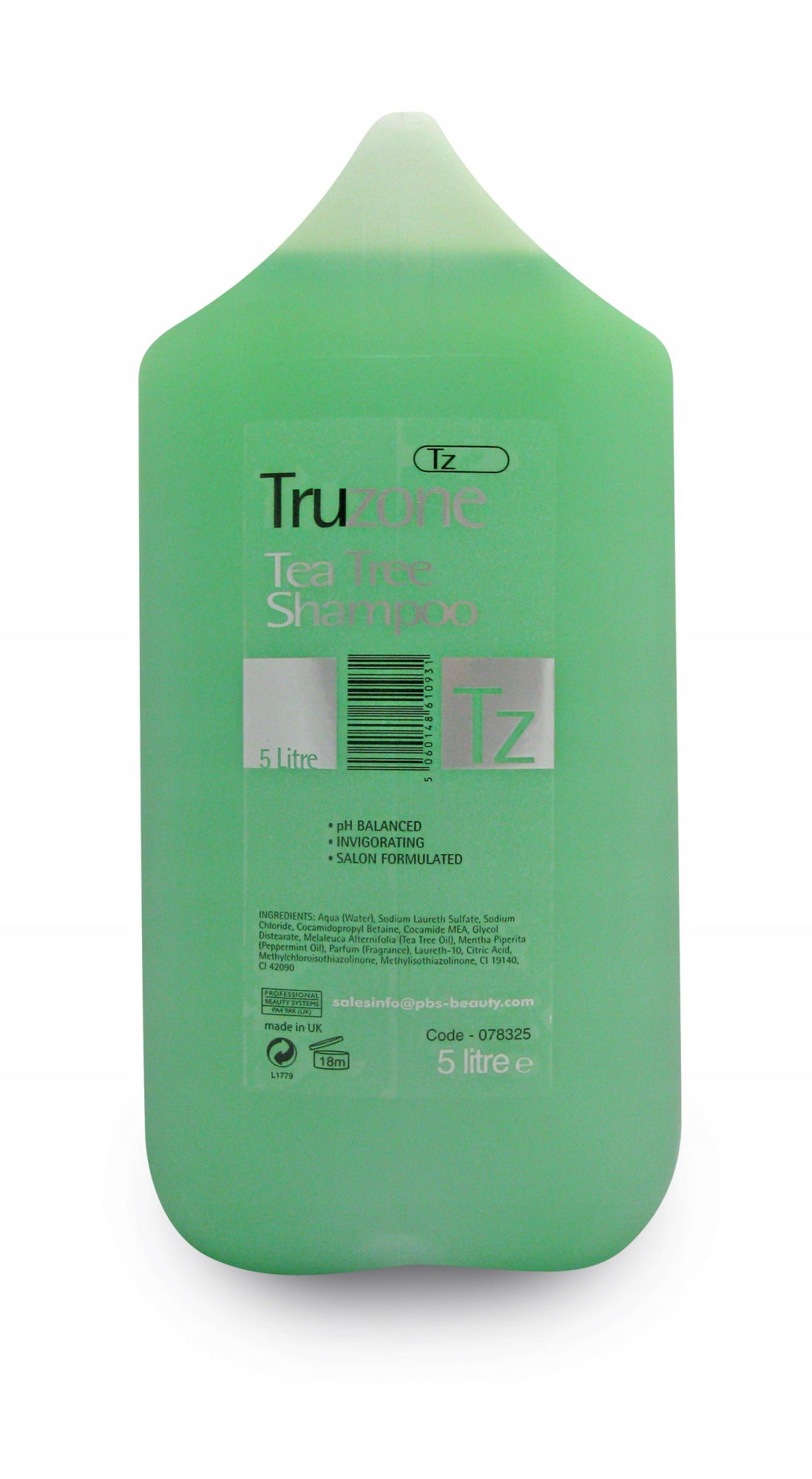 Green plastic container of Truzone Tea Tree Shampoo, 5 litres, featuring a clear label with product details and a pH balanced formula, designed for salon use.