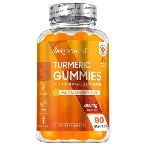 Clear bottle containing vibrant orange turmeric gummies, labeled "Turmeric Gummies with Ginger and Black Pepper," featuring a natural lemon flavor, with a 90-count and vegan certification.