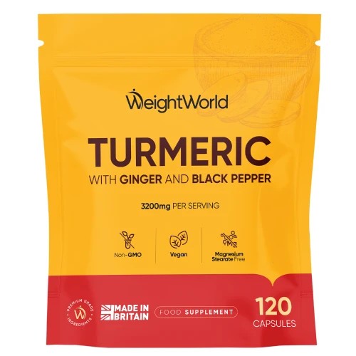 Bright yellow packaging featuring "Turmeric with Ginger and Black Pepper" in bold text, highlighting 3200mg per serving, with icons for non-GMO and vegan, containing 120 capsules.