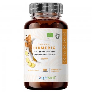 Brown bottle with a white and orange label featuring "Organic Turmeric" text, images of turmeric root and ginger, and a logo for WeightWorld, showcasing 180 capsules for joint and skin health.