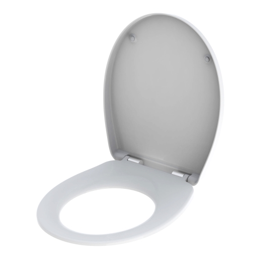 White plastic toilet seat and cover with a smooth finish, featuring a rounded shape and concealed hinges for a sleek look.