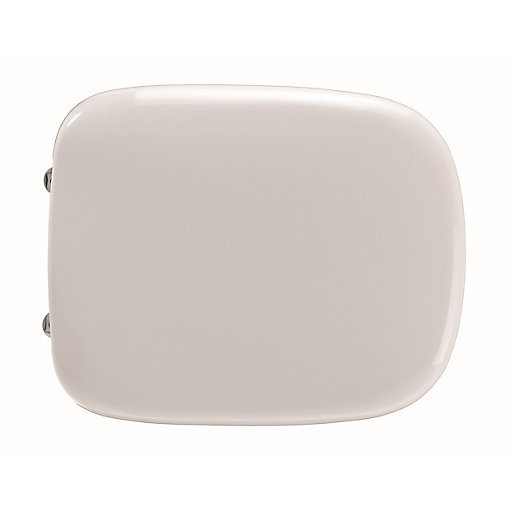 White, soft-close toilet seat with a smooth, rounded design and chrome hinges, designed for easy installation and comfort.