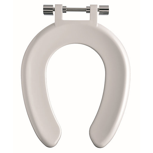 Twyford Open Toilet Seat in white, featuring a front ring design and top fix stainless steel hinges for secure installation.