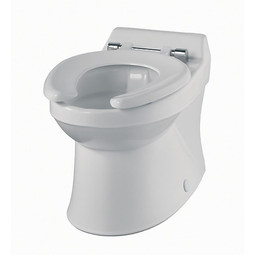 White, rimless close coupled toilet pan with a sleek design, featuring a smooth ceramic finish and chrome fittings for modern bathrooms.