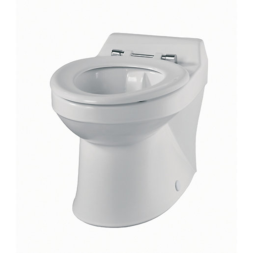 White rimless close coupled toilet pan with a smooth, modern design, featuring a sleek profile and a chrome flush mechanism.
