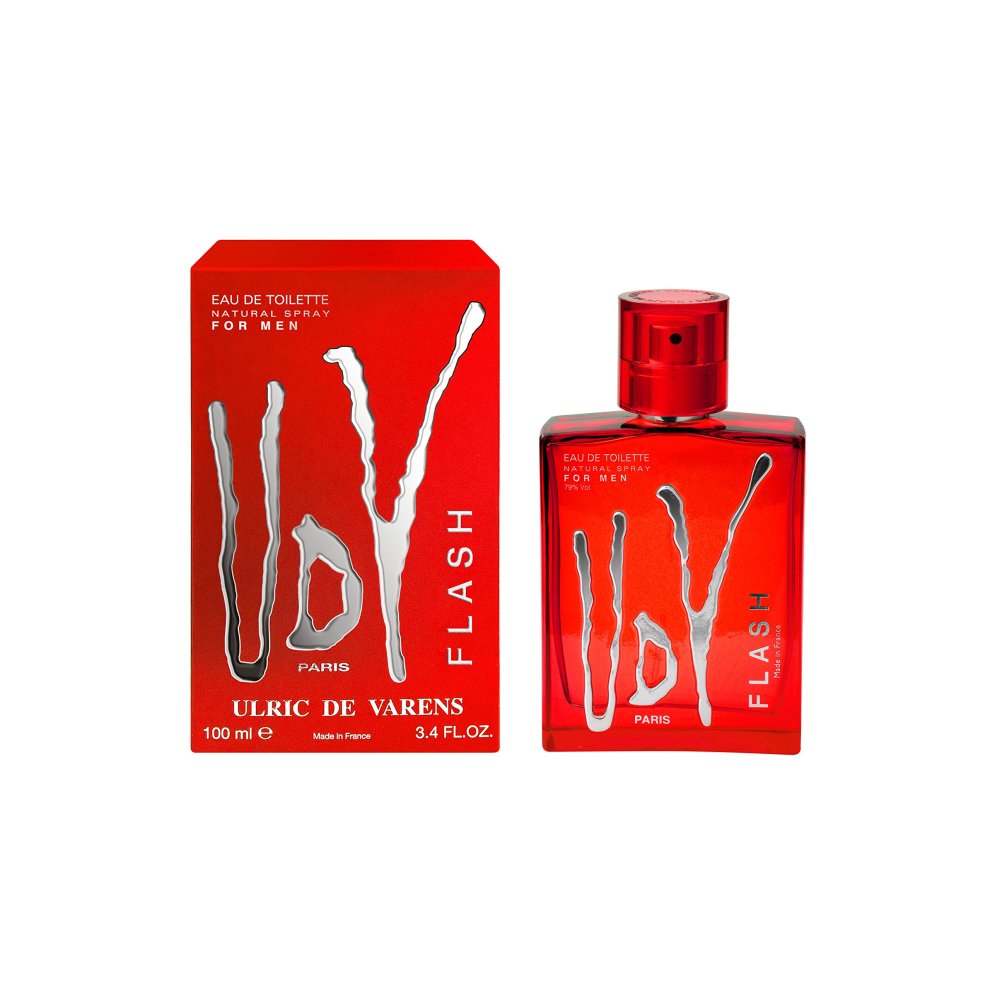 Bright red box with silver lettering displays "Ulric De Varens Flash" and "Eau De Toilette for Men," alongside a matching red bottle featuring a bold logo and a sleek design.