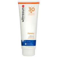 White tube with an orange and blue label, featuring "Ultrasun Family SPF 30" prominently, designed for high sun protection, 250ml size.