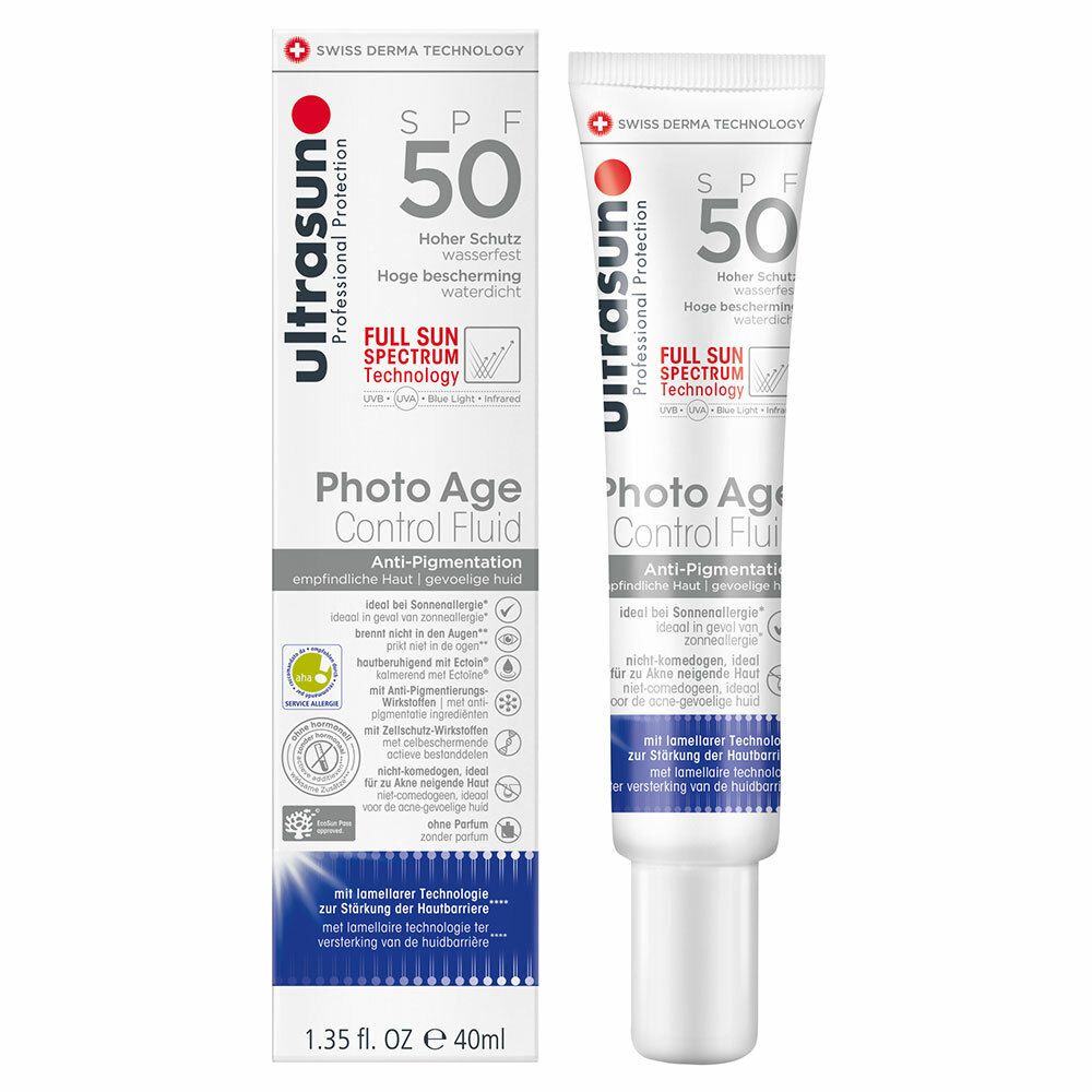 White tube with a silver cap, labeled "Ultrasun Photo Age Control Fluid LSF 50," featuring SPF 50 and anti-pigmentation claims, alongside a blue and white box with product details.