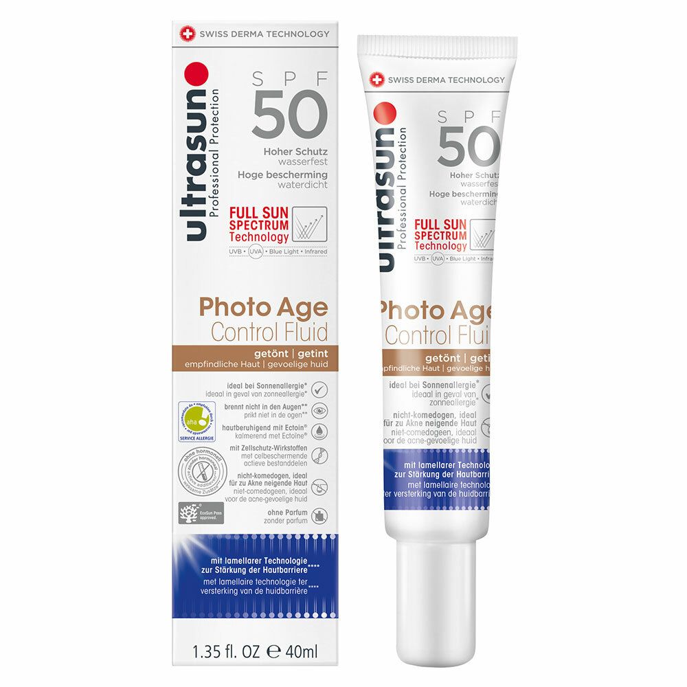 Ultrasun Photo Age Control Fluid Tint SPF 50 in a 40ml tube, featuring a white and red design with sun protection details and a twist cap, ideal for anti-aging and sun defense.