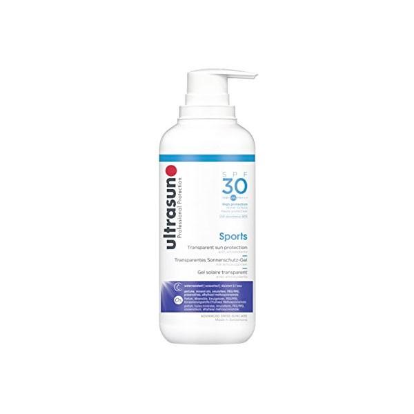 White bottle of Ultrasun Sports Gel SPF 30, featuring a pump dispenser, with blue and black text highlighting easy application and water resistance, 400ml size.