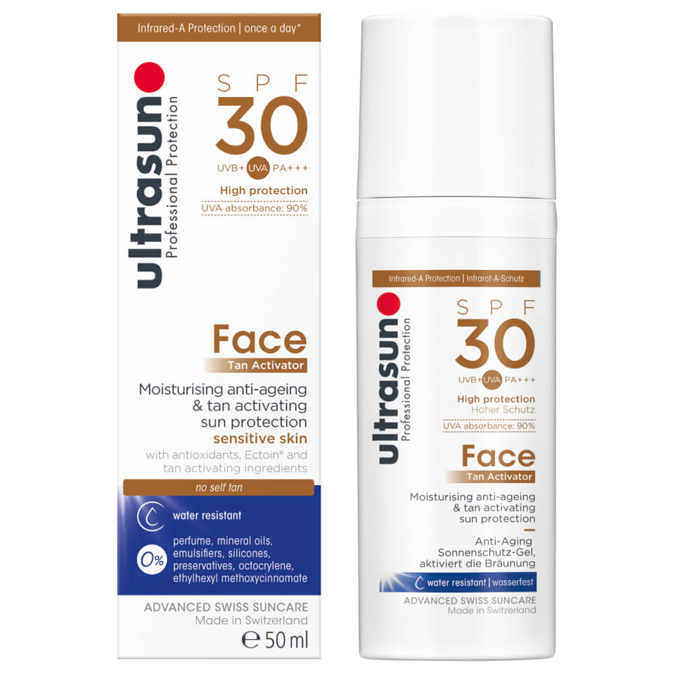 Ultrasun Tan Activator for Face SPF30 in a 50ml white bottle with a pump dispenser, featuring blue and black text, highlighting moisturizing and anti-aging properties.