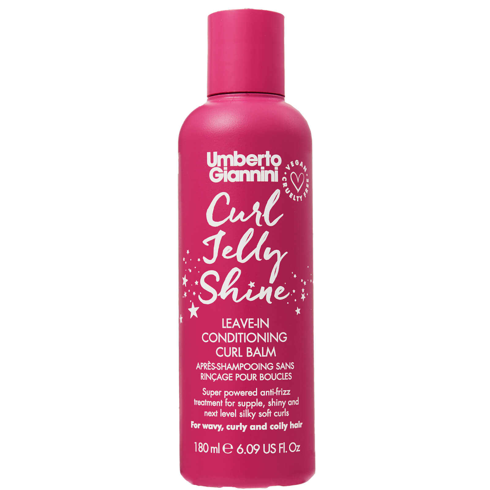 Bright pink bottle of Umberto Giannini Curl Jelly Shine Leave-in Conditioner, 180ml, featuring white text and a starry design, ideal for curly and coily hair.