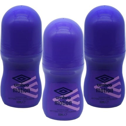 Three purple roll-on deodorant bottles labeled "Umbro Motion," each 50ml, featuring a smooth plastic design and a rounded cap, arranged closely together.