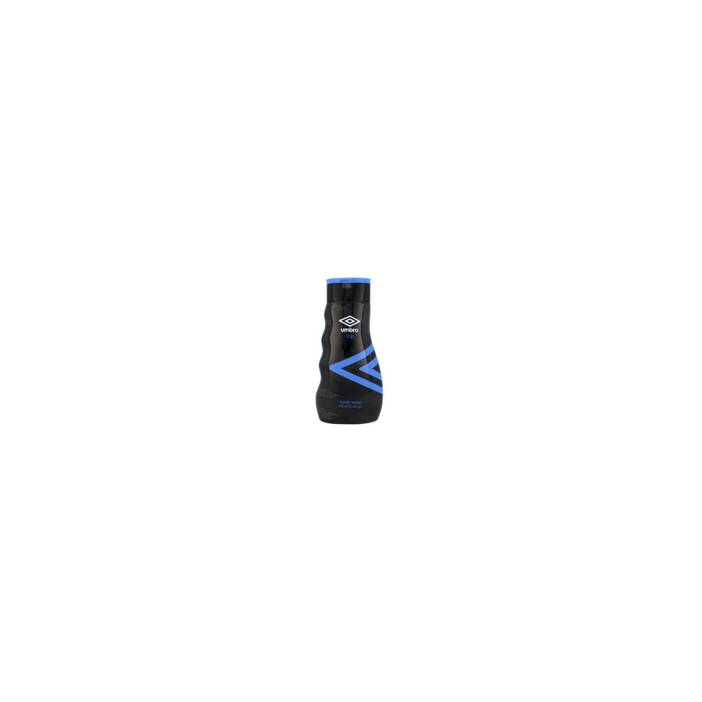 Black bottle of Umbro Ice Body Wash for men, featuring a blue geometric design and a blue cap, with a 300 ml capacity.