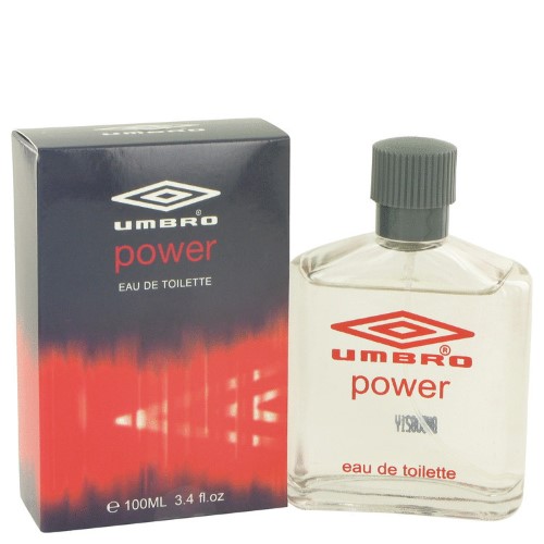 Clear glass bottle with a gray cap, featuring a red and black label that reads "Umbro Power Eau De Toilette 100ml" next to a sleek black box with the same branding.