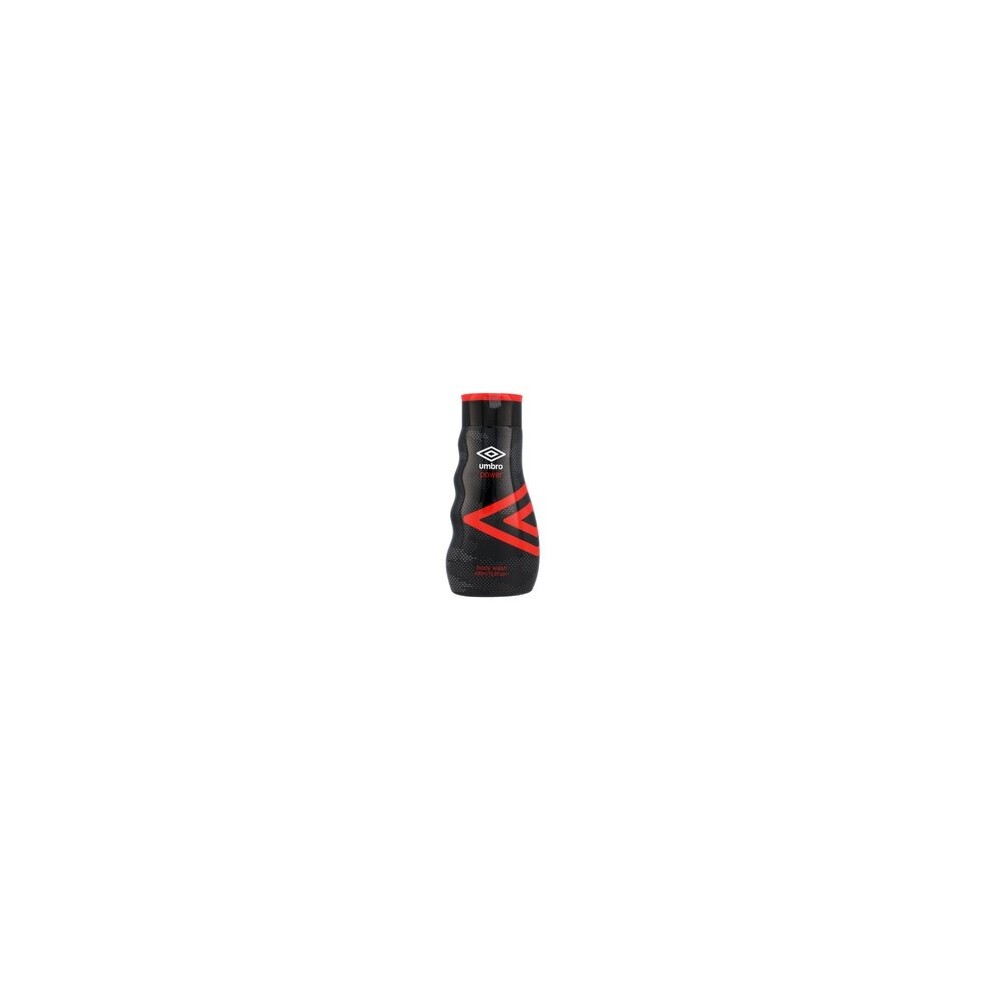 Black and red 300ml bottle of Umbro Power Shower Gel, featuring a textured design and the Umbro logo prominently displayed on the front.