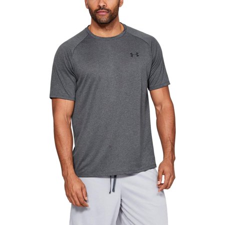 Gray short sleeve t-shirt made of lightweight material, featuring a round neckline and Under Armour logo on the chest, shown on a male model wearing light shorts.