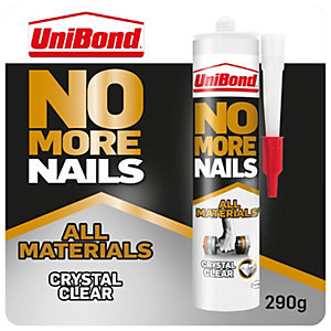 UniBond No More Nails adhesive in a white tube with a red nozzle, featuring bold gold and black text, labeled "All Materials" and "Crystal Clear," weighs 290g.