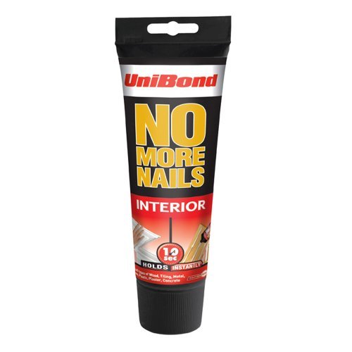 Black and red tube of Unibond No More Nails Original adhesive, featuring bold white text, designed for strong bonding on various materials, with a 200ml capacity.