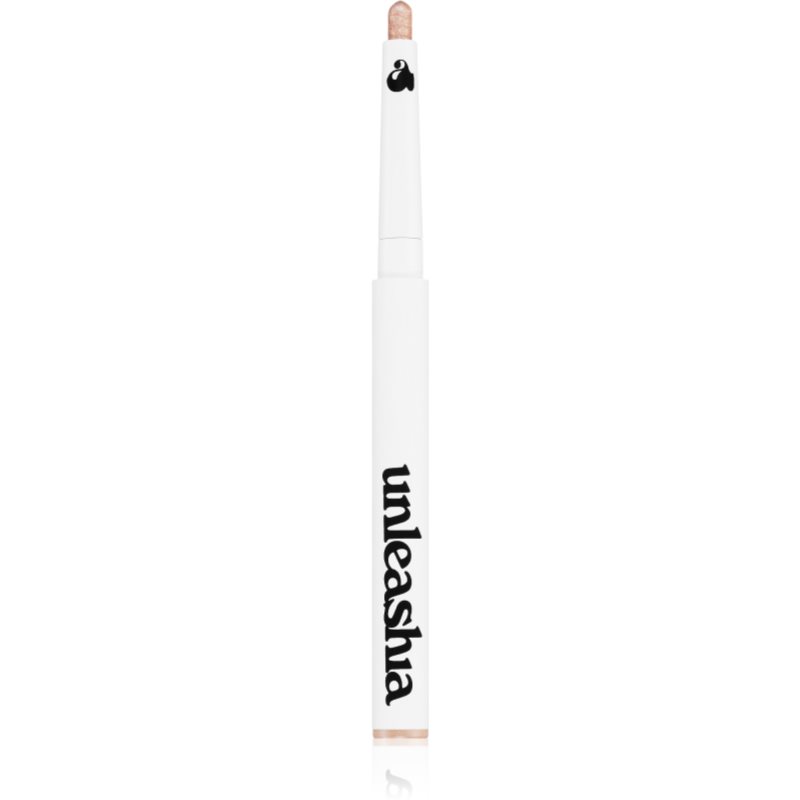 White glitter stick with a sleek design, featuring a pointed tip and the brand name "unleashia" in bold black letters, showcasing a sheer skin tone shade.