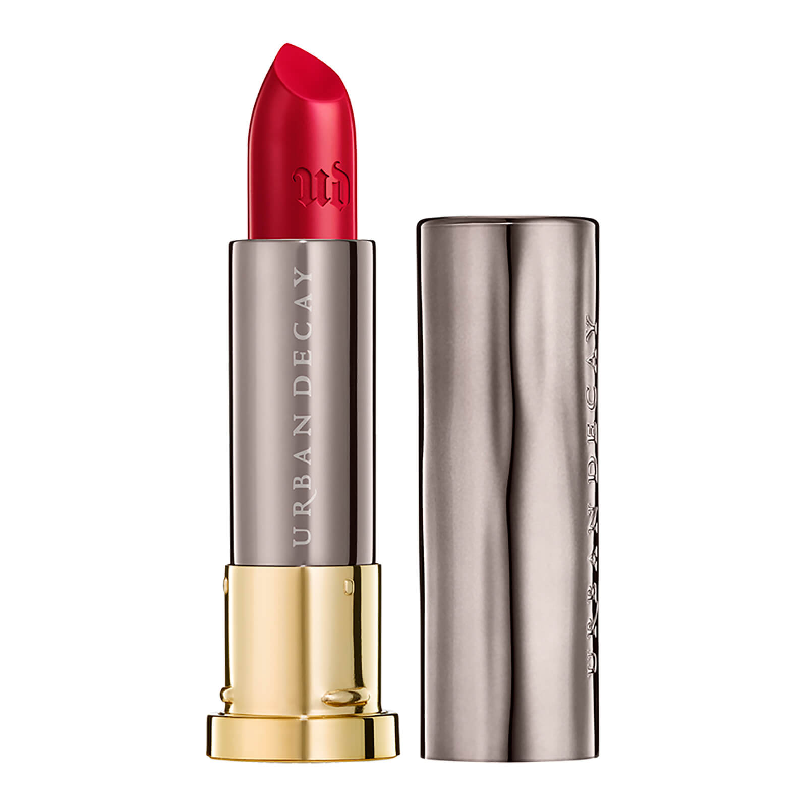 Bright red Urban Decay Vice Cream lipstick in a sleek silver and gold tube, featuring the brand logo embossed on the casing, with a creamy texture for smooth application.