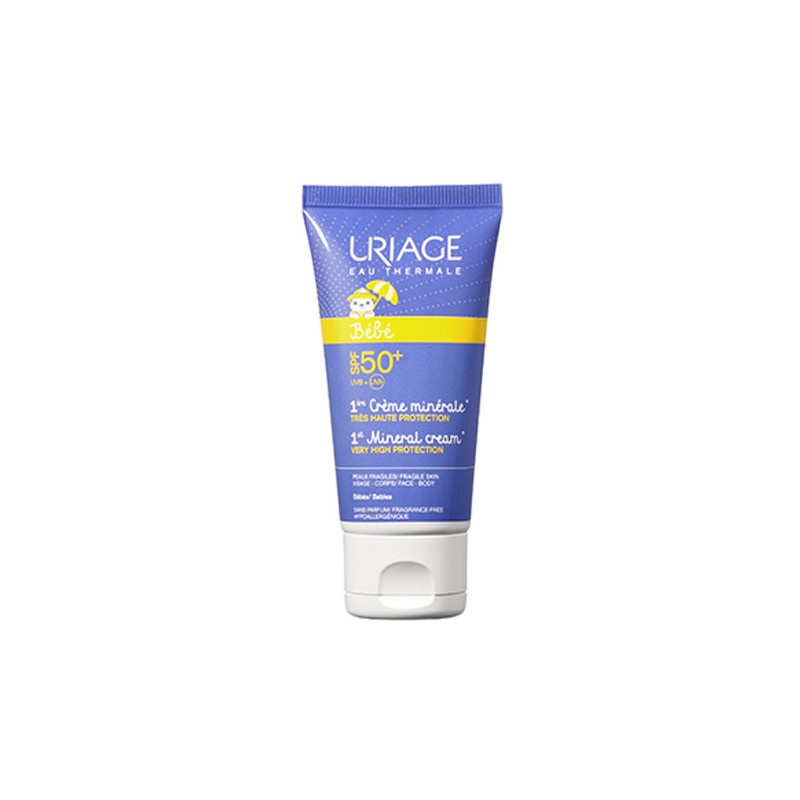 Uriage 1st Mineral Cream SPF50+ in a 50 ML purple tube, featuring a yellow cap and baby-friendly branding, designed for very high sun protection.