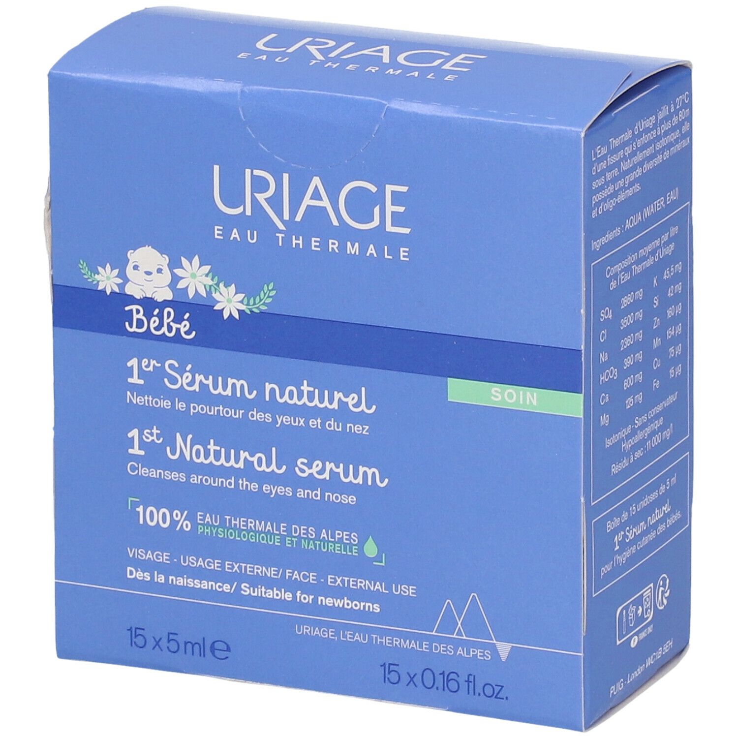 Light blue box with white and blue text, featuring a cartoon baby and floral design, containing 15 small vials of Uriage Bébé 1st Natural Serum for soothing eyes and nasal mucosa.
