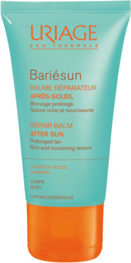 Uriage Bariésun After-Sun Repair Balm in a turquoise and orange tube, featuring a rich, nourishing texture, designed for prolonging tan and suitable for sensitive skin.